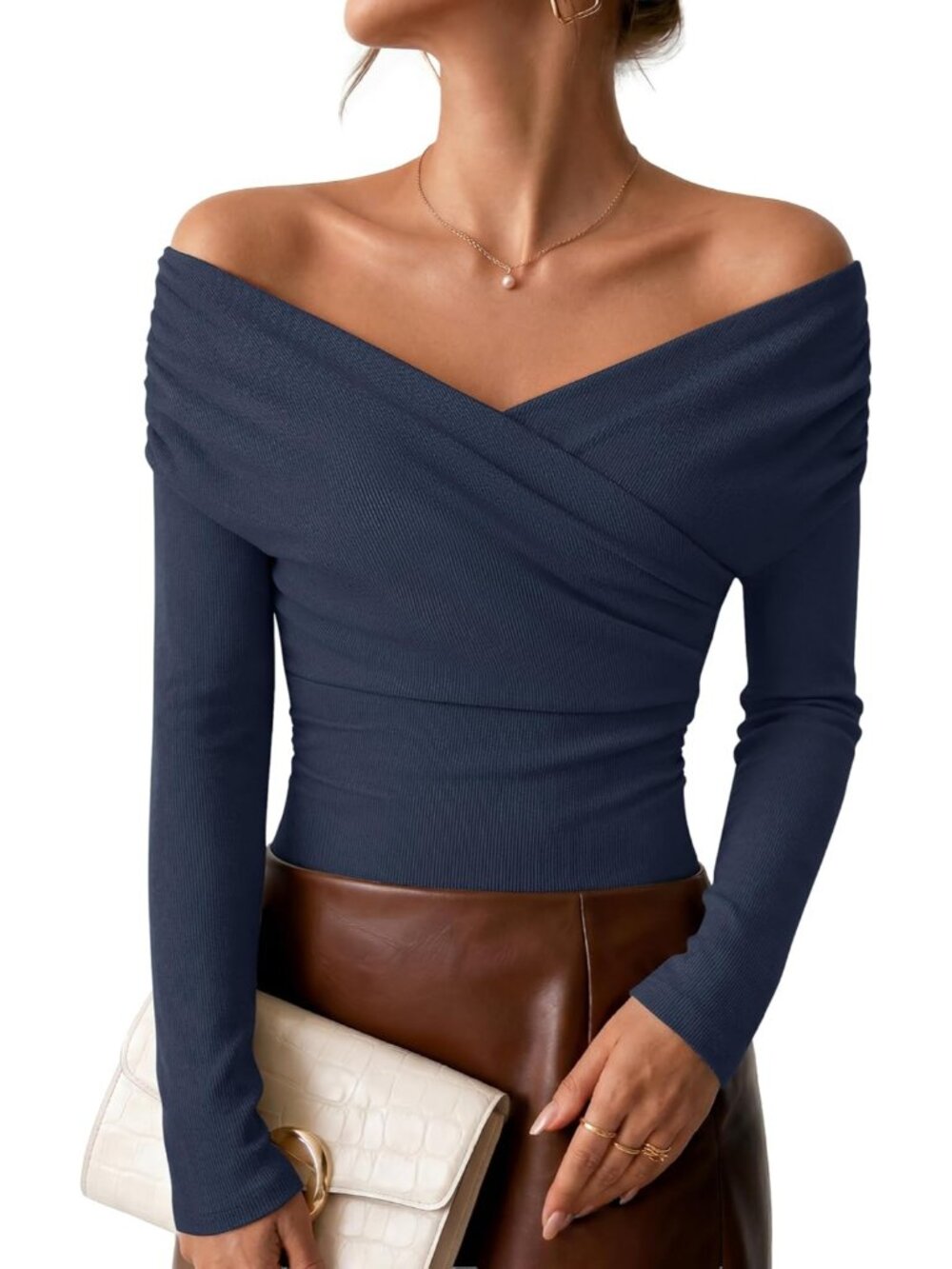 Women's Navy Off Shoulder Neck Front Ribbed Long Sleeve Casual T-shirt Top